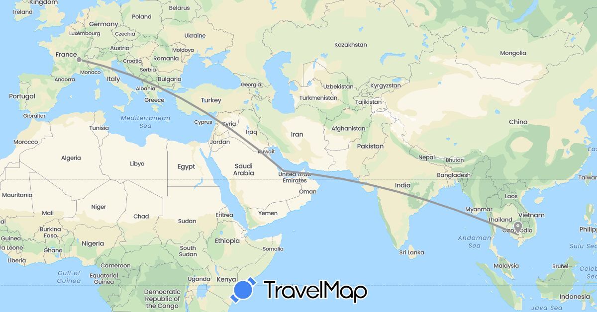 TravelMap itinerary: driving, plane in France, Cambodia, Qatar (Asia, Europe)